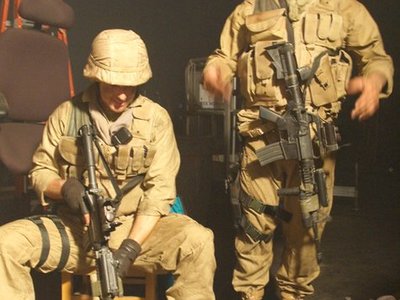 These Middle East battle US military desert tactical uniforms with helmets, weapons, and accessories are part of our costume rental library. 	