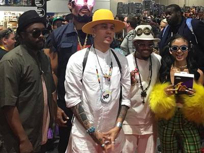 We created this vacuum-formed, plastic mask with facial hair, a stylized wig, and illuminated glasses to create this character for the Black Eyed Peas, seen here at Stan Lee's Comic Con for the resale of the their comic book collaboration with Marvel called Masters of the Sun.	