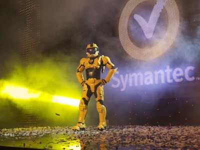 We created these Sym-Man characters using a combination of custom parts and off the shelf parts including a helmet with voice effect electronics and lights for an internal Symantic assembly.	