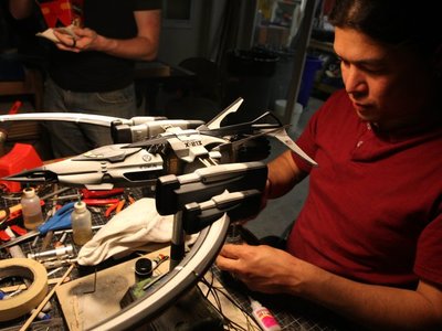 This 1/24th  scale miniature shooting model of an NASA X-program spacecraft is getting electrical installed for Light Speed.	