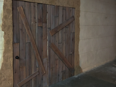 This is one of our themed walls made to look like a boarded up entry inside an ancient Egyptian temple. 	