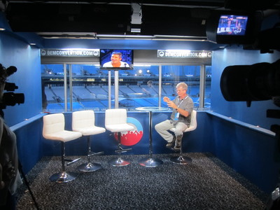 This is a set we designed and fabricated and assembled on location for Kal Penn's live DNC coverage in North Carolina. 	